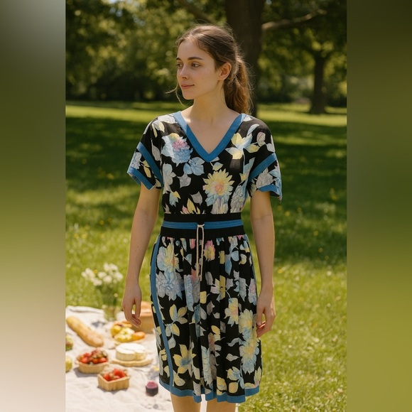 Vintage Chacok Floral V-Neck Dress with Blue Accents cotton side slits - Picture 2 of 13